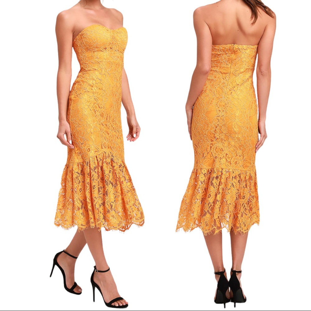 LULU’S Divine Nights Golden Yellow Lace Strapless Midi Dress